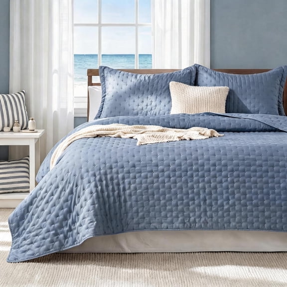 Queen Size Thin Comforter Coverlet in Mineral Blue with Coastal Clover Pattern 90x96 Inches