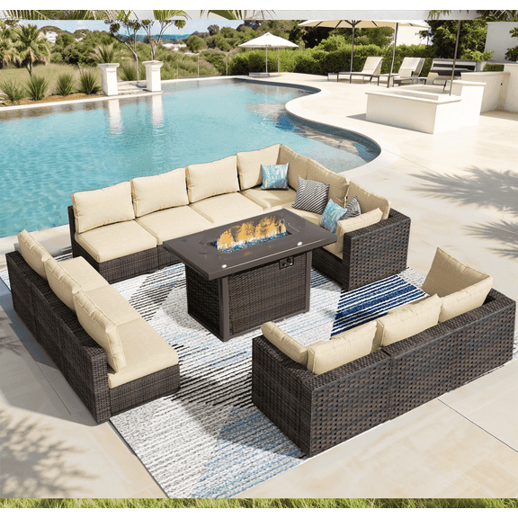 TANGJEAMER 13 Piece Patio Furniture Set with Fire Pit Table, All Weather Outdoor Sectional PE Rattan, Patio Conversation Sets with Cushions and Glass Coffee Table for Garden Lawn Balcony, Beige