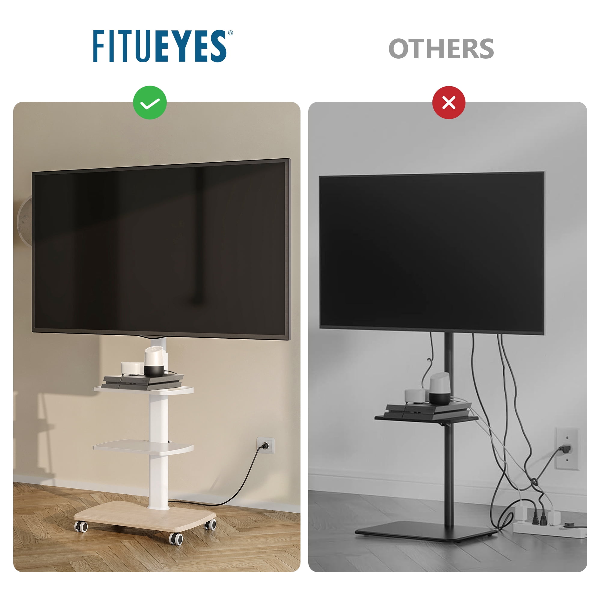 FITUEYES Modern Rolling TV Stand with Wheels for 32 - 65 inch TVs,Mobile TV Stand with Power Outlets and Two Shelf,Hold up to 88 lbs,White