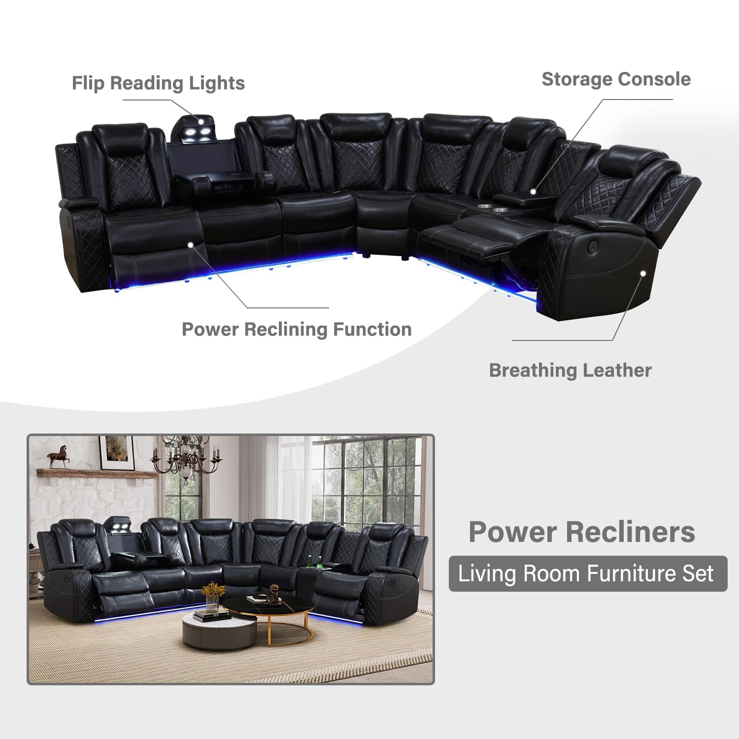Pon Living Power Recliner Sofa Set, LED-Lit, Black Leather Sectional, USB-Charging, Versatile for Living Room, Apartment, Office, Home Theatre, Ultimate Comfort Experience