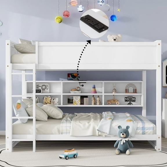 Mirightone Queen Over Queen Bunk Bed with Storage Cabinets & Charging Station, Wood Low Bunk Bed with Guardrails and Ladder for Teens Adults, White