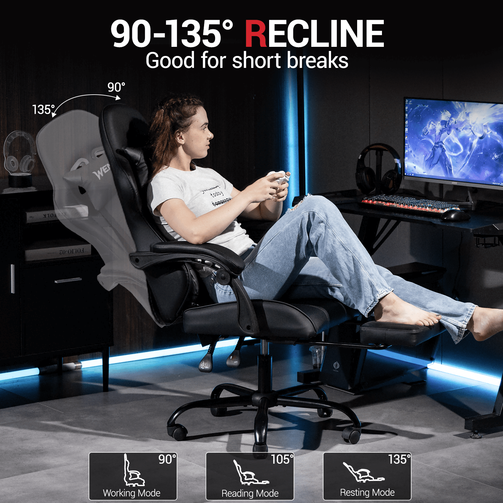 WENTUM  Ergonomic Reclining Gaming Chair with Linkage Armrests & Footrest, Racing Office Chair, PU Leather Computer Desk Chair, Black