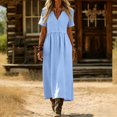 thumbnail image 2 of asdoklhq Spring Cocktail Dresses for Women Semi Formal Women's Button Linen Loose Pocket Short Sleeved Long Dress Blue 2X, 2 of 7