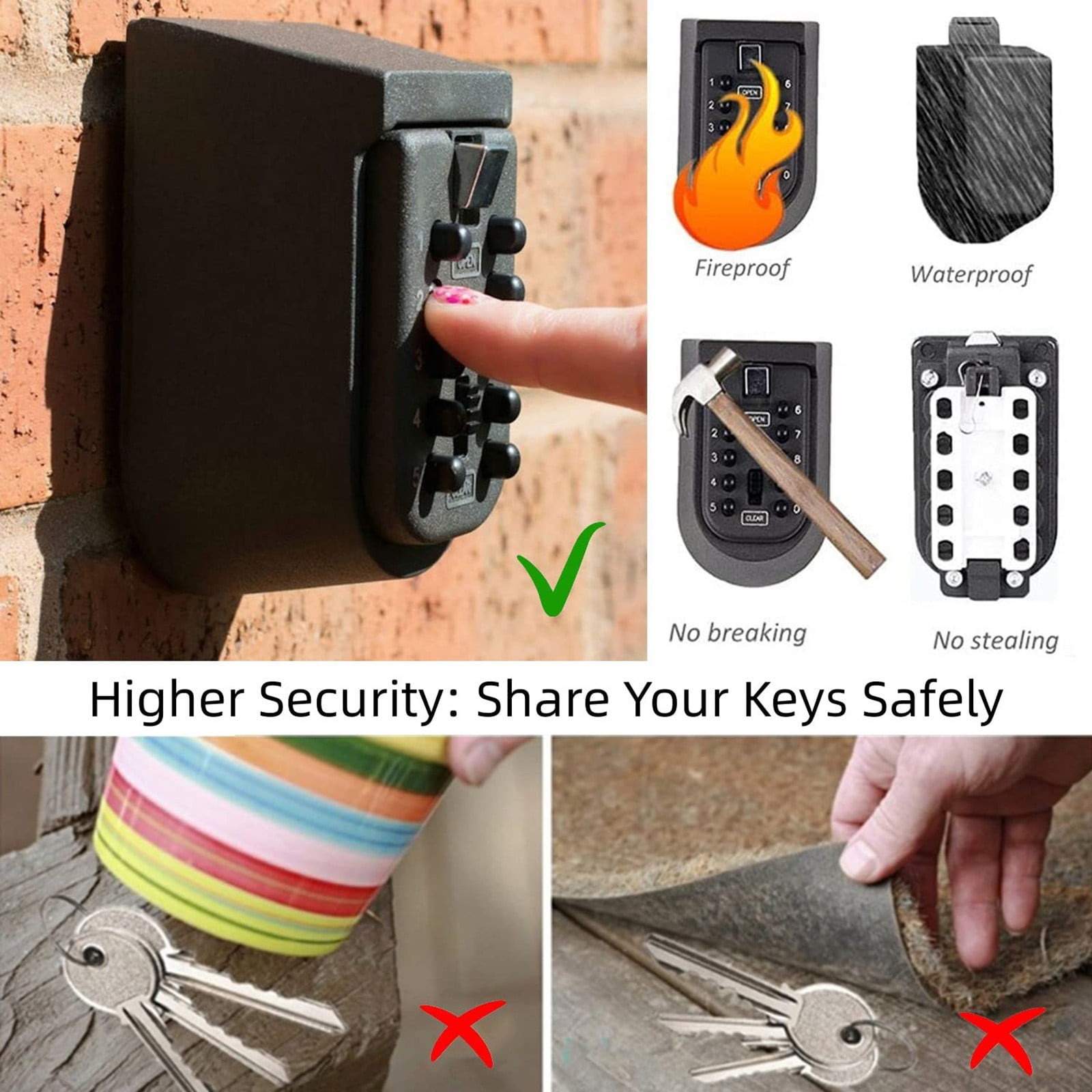 Clearance Equipment package under $20,Indoor & Outdoor Key Lock Box Wall Mounted Button Combination Key Storage Lock Box With Black Rubber Cover & Wall Fixings For 5 To 7 Keys 2PC