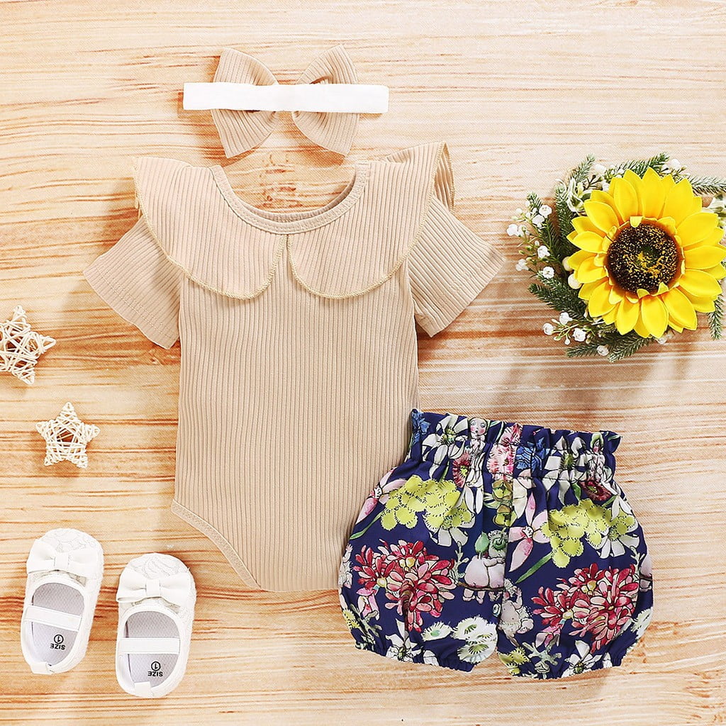 Povozer Baby Outfits Girl Baby Boys Summer Clothes Toddler Newborn Infant Baby Girl Clothes Romper Shorts Set Floral Summer Outfits Cute Baby Clothes Girl Size 18-24 Months,Beige
