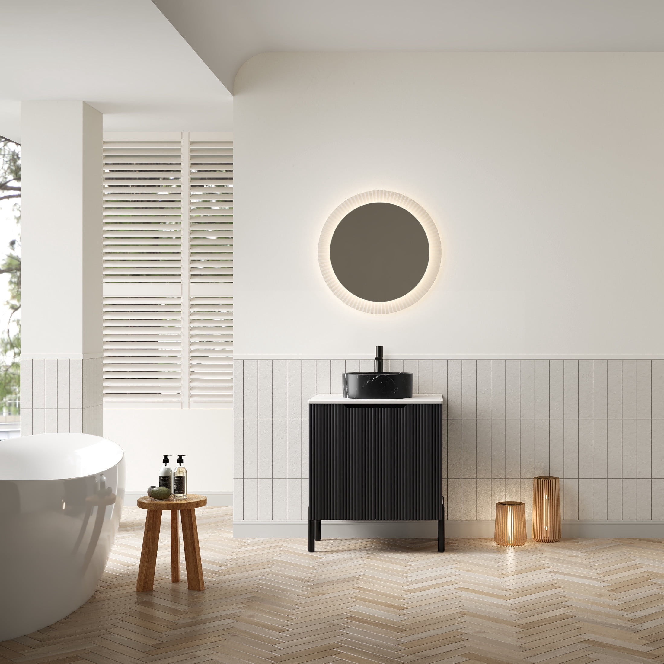 Noble House TURIO 24" Bathroom Vanity with Sintered Stone Countertop, Storage Cabinet, Black Stone Round Basin, Black