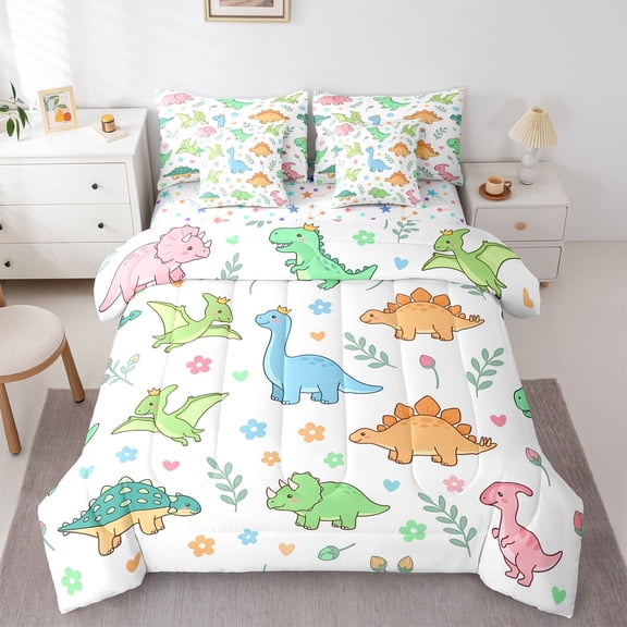 Homewish Cartoon Dino 7-Piece Twin Bedding,Cute Floral Bedding Comforter Set,White,Colorful Stars Reversible