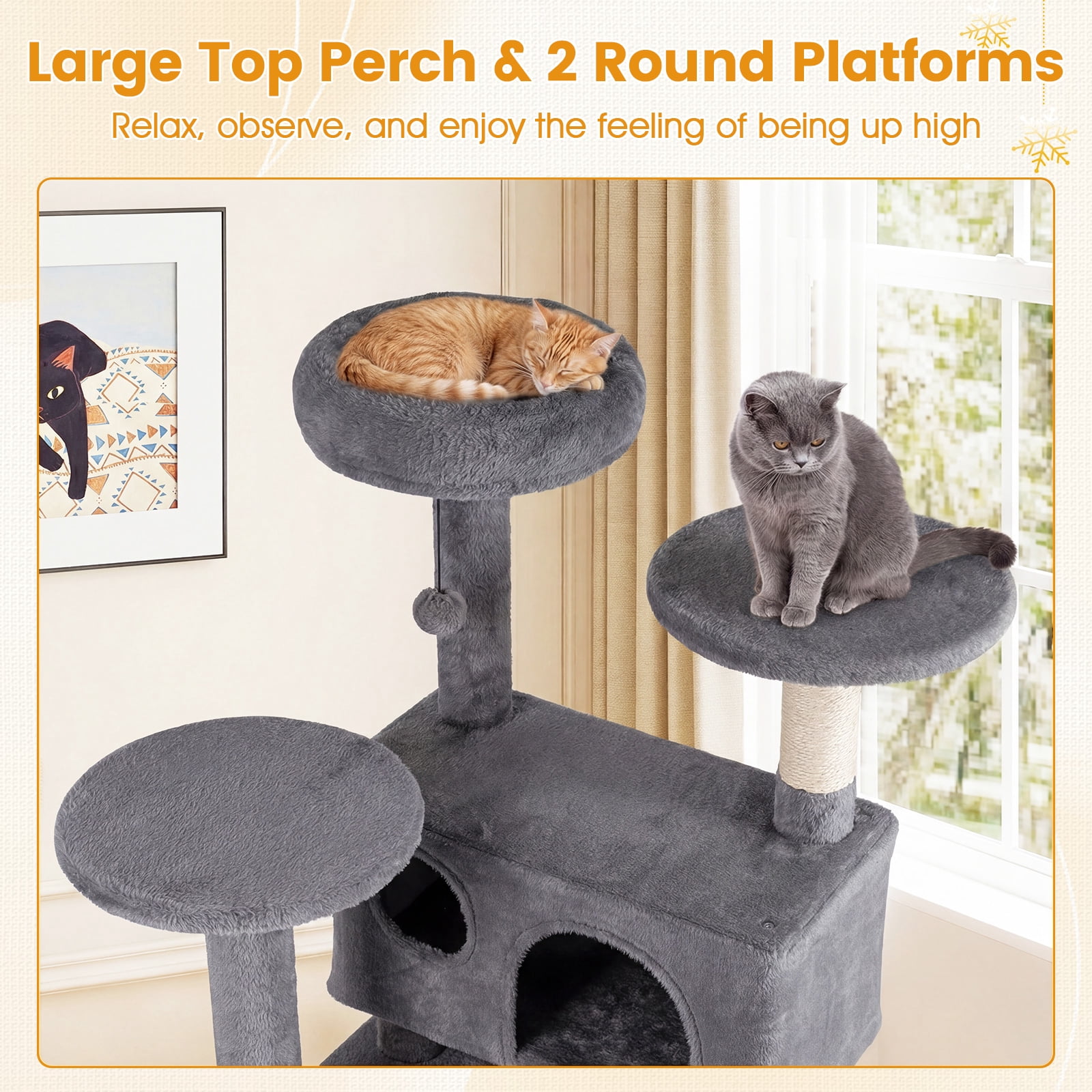 Gymax 52'' Tall Cat Tree Tower w/2 Condos Plush Padded Perch Sisal Scratching Posts Light Gray