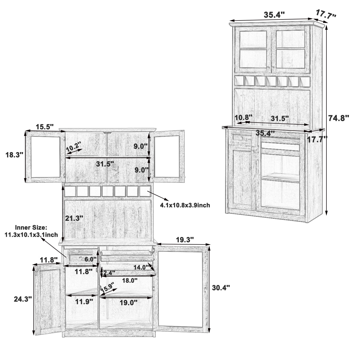 Euroco Farmhouse 35.4x17.7x74.8inch Freestanding Buffet with Hutch, Tall Kitchen Pantry Storage Cabinet with Wine Rack and Adjustable Shelves for Dining Room, White