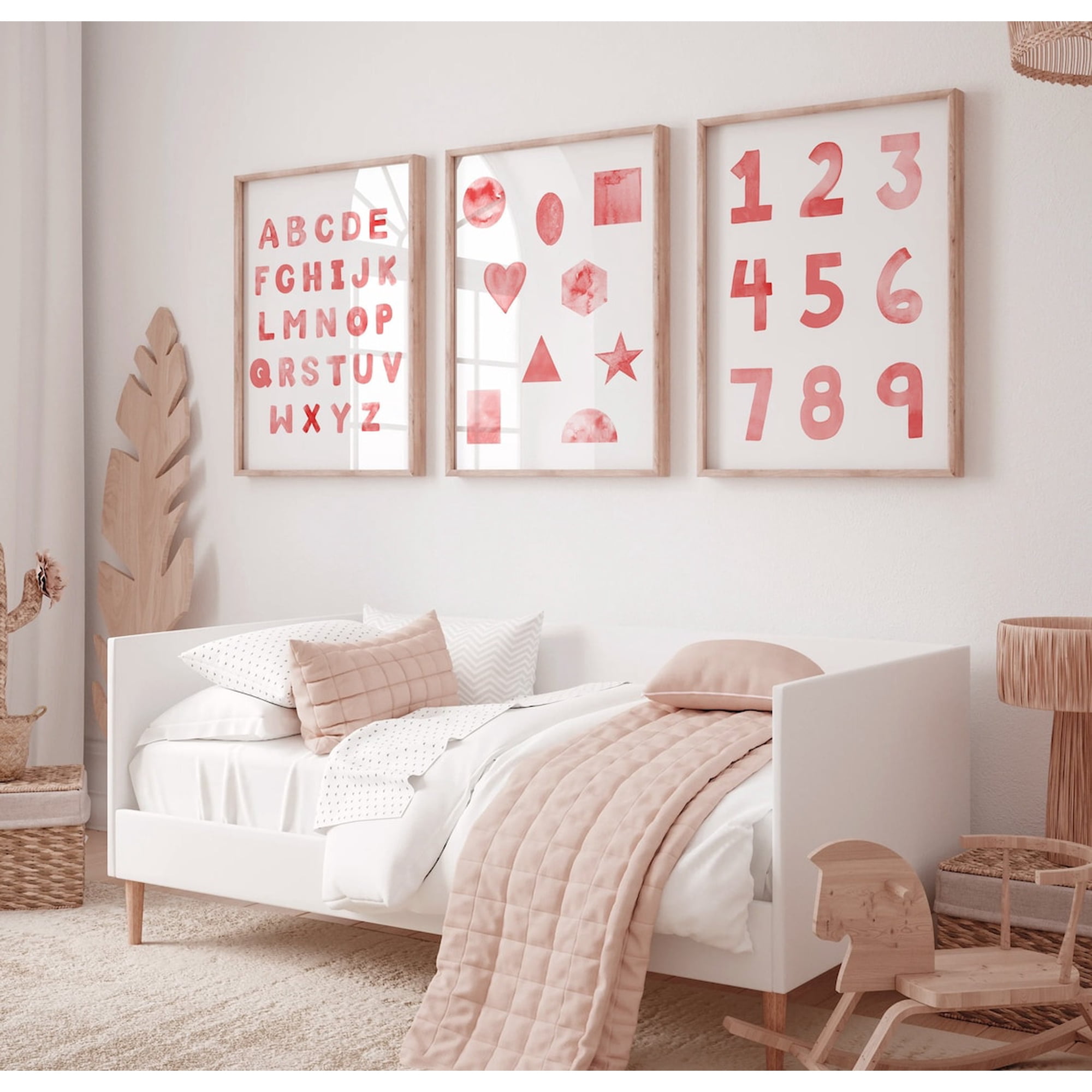 Set Of 3 Pink Alphabet And Shapes Nursery Wall Art Prints Educational Baby Girl Decor