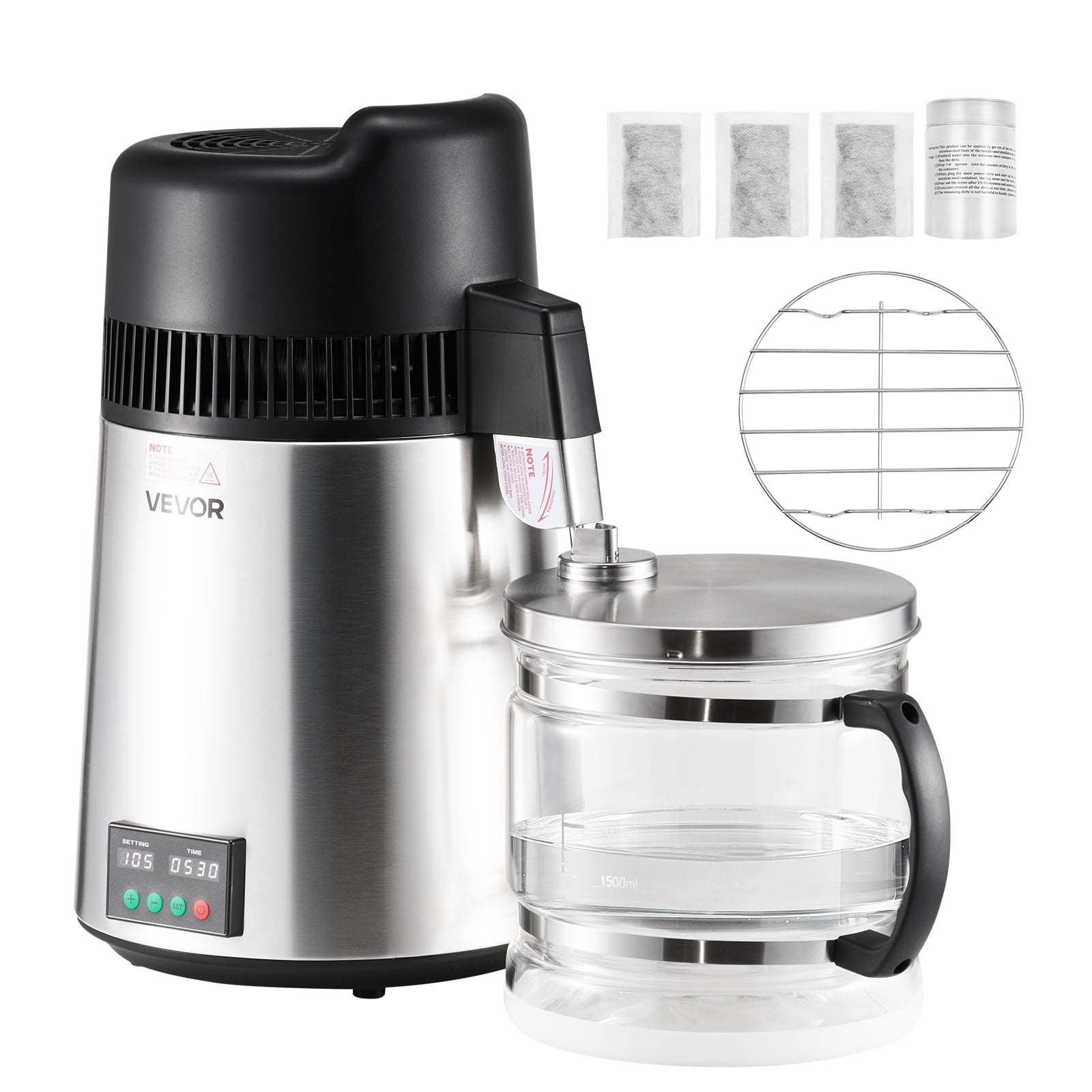 VEVOR Water Distiller, 6L 1.6 Gallon Larger Pure Water Purifier Filter For Home Table Countertop, 900W Glass Pot Distilled Maker,Stainless Steel Interior Drinking Machine to Make Clean Waters,Silver
