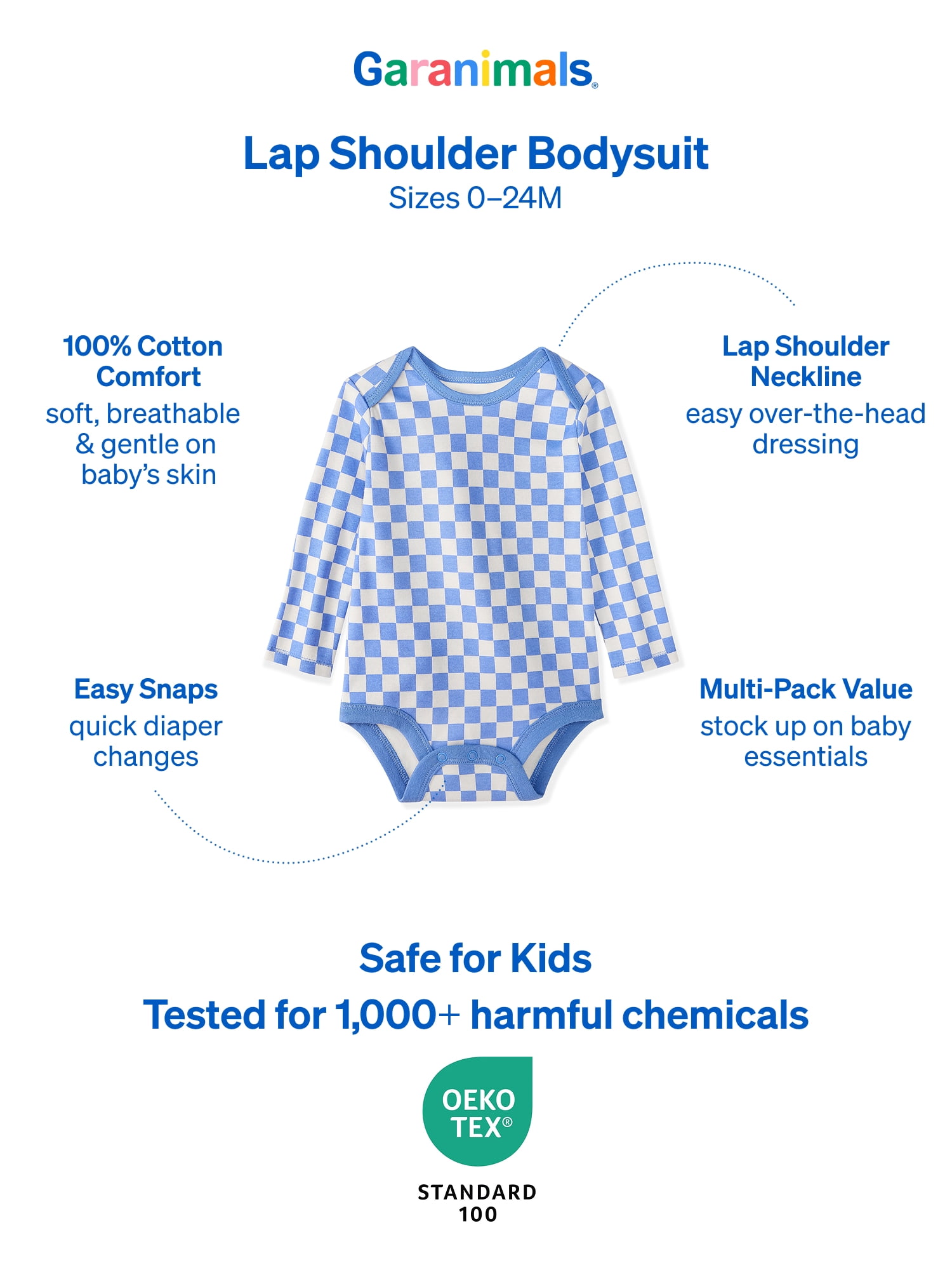 Garanimals Newborn & Baby 100% Cotton Long Sleeve Bodysuits, Sizes 0–24M, 4-Pack