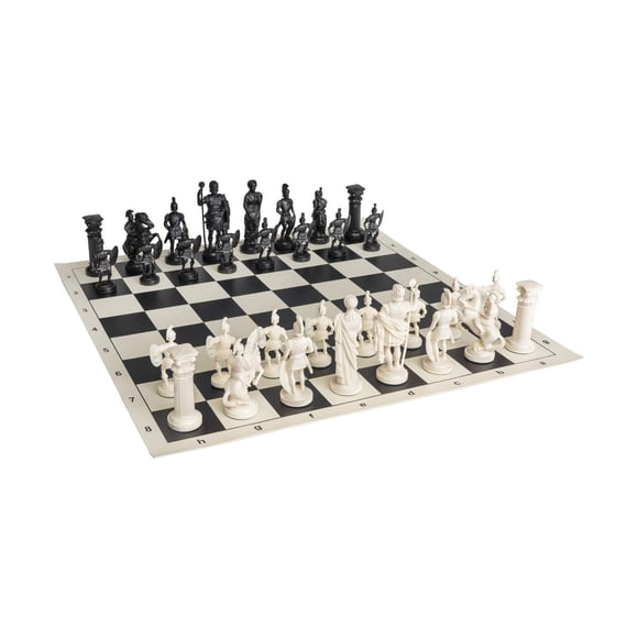 Juego de ajedrez: tablero de vinilo blanco/negro (44 cm) y piezas de ajedrez romano de 3.75 pulgadas