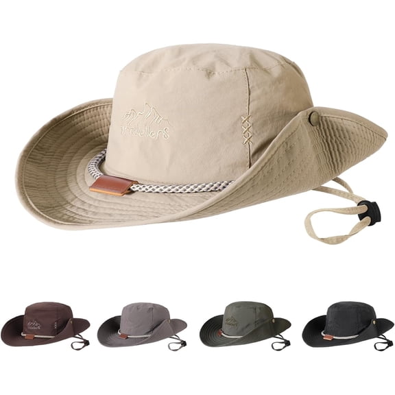 TAGVO Boonie Hat Fishing Hat, Foldable Cowboy Style Bucket Hat Sun Hat UV Protection Wide Brim Bucket Cap Adjustable Chin Strap Breathable Safari Hat Jungle Hat for Fishing Camping Hiking, Khaki