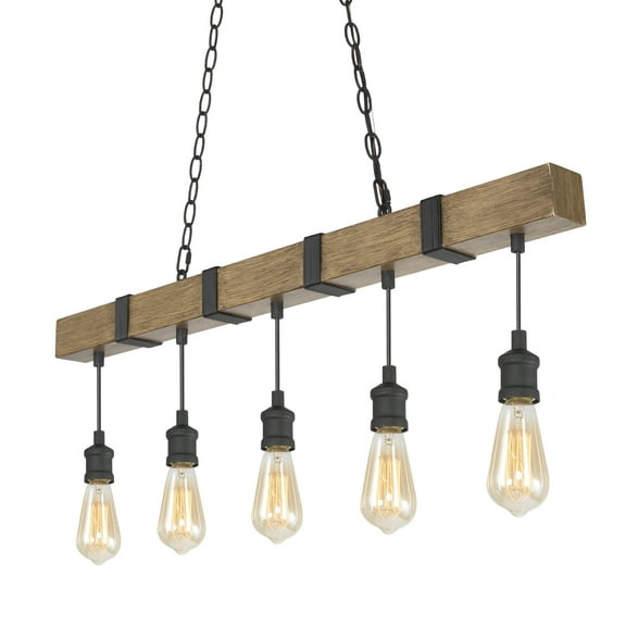 LNC  5-Light Farmhouse Antique Brown Wood and Bare Bulb Linear Chandelier