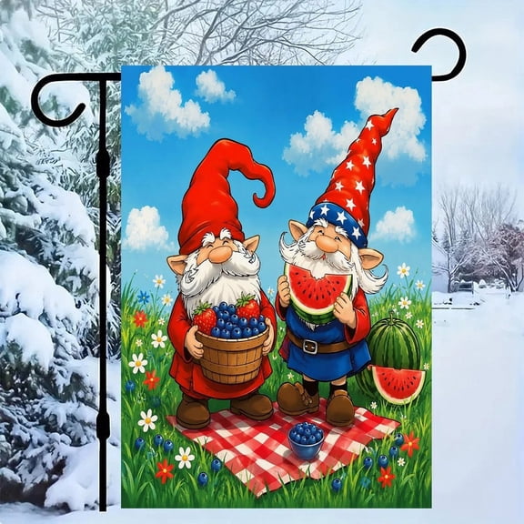 RKSupls Patriotic Linen Double Sided Garden Flag, Independence Day Themed Yard Decor, Gnomes Picnic Watermelon Berries Outdoor Banner for Holiday Lawn