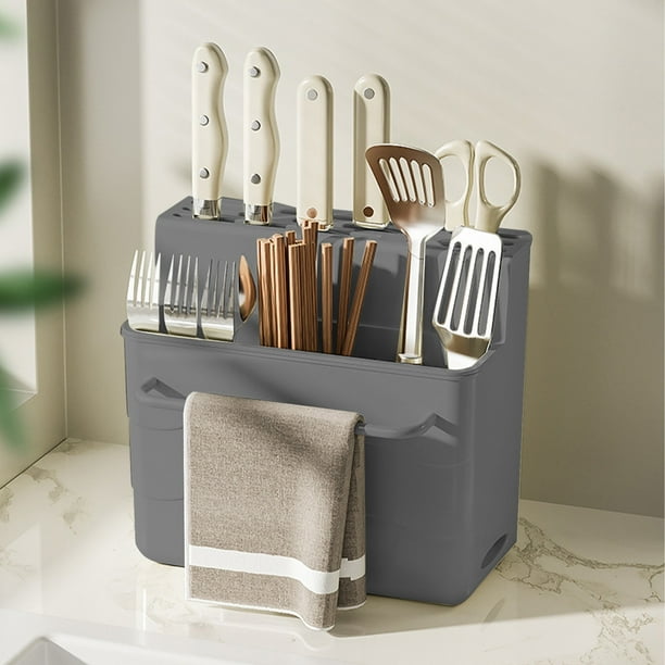 Organizador de cuchillos y utensilios de cocina de gran capacidad | Estante de plástico de 3 niveles con escurridor para cuchillos, palillos, tablas de cortar y cubiertos | Diseño antivuelco