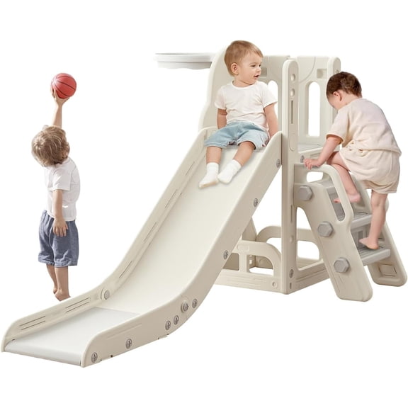 YOTREE Toddler Slide Kids Climber Playset with Storage, Non-Slip Steps, Basketball Hoop, Indoor Outdoor, Age 1-3, White