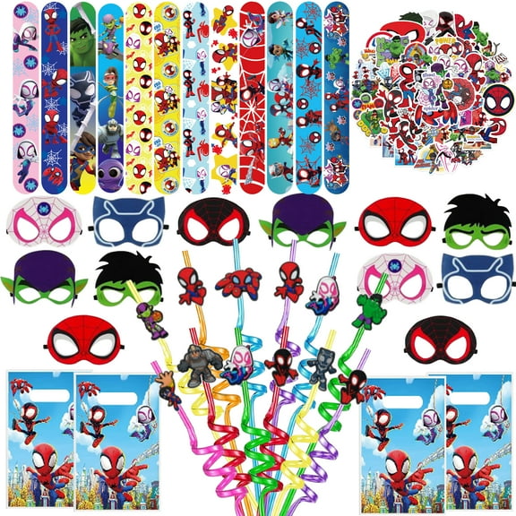 Spidey and His Amazing Friends Party Favors, Spidey Birthday Party Supplies Kit Includes 12 Slap Bracelets, 12Straws, 12 Bags, 12 Masks, 50 Stickers for Spidey Party Decoration