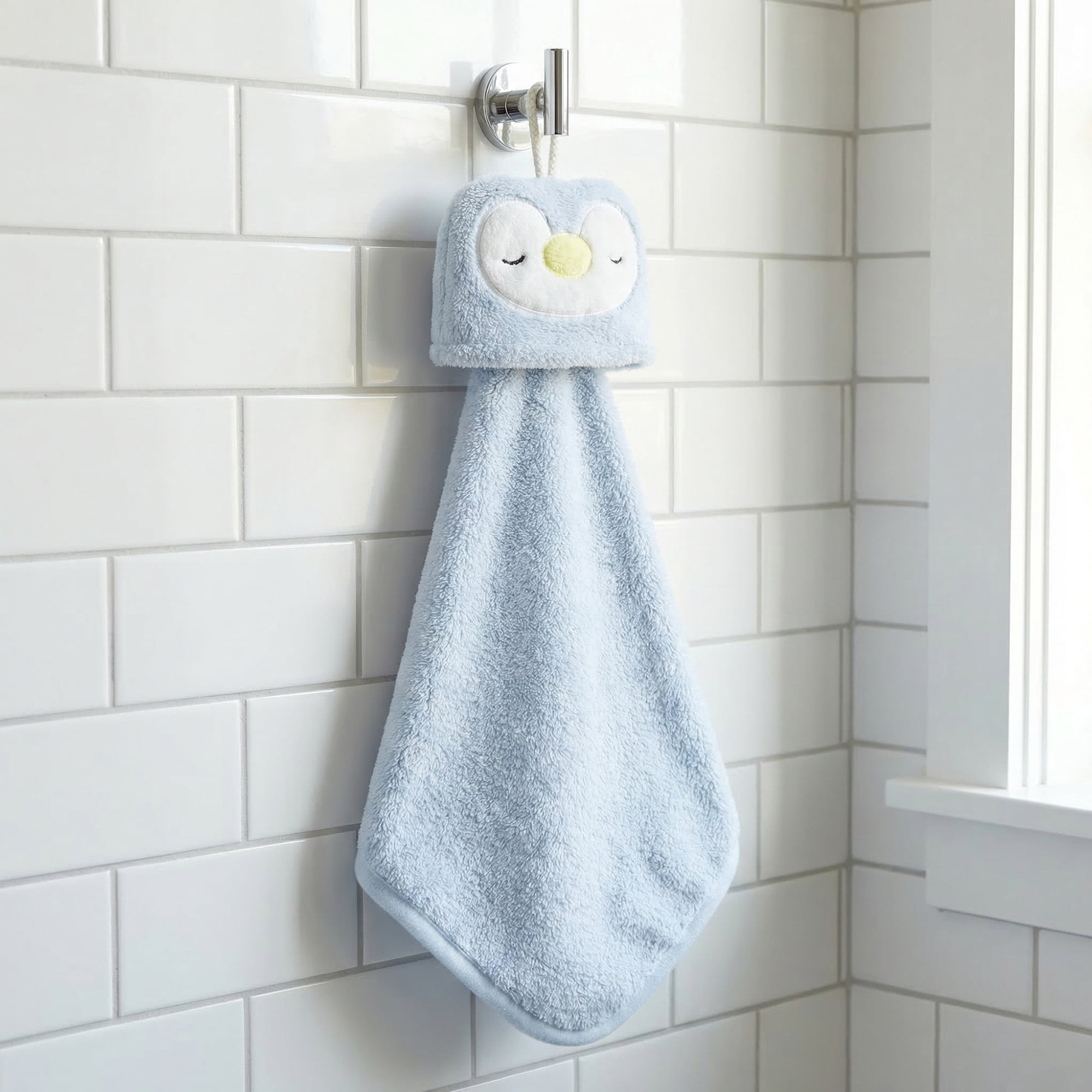 Unique Bargains Animal Hanging Soft Absorbent Hand Towel Blue Penguins/Grey Shiba 15" x 8"