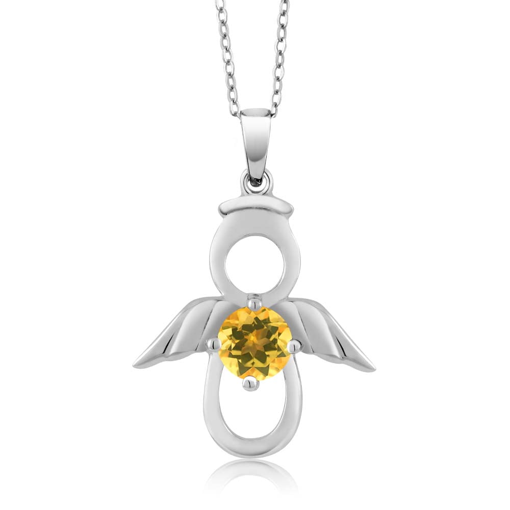 925 Sterling Silver Angel Pendant Necklace For Women 0.45 Ct Round Yellow Natural Citrine Necklace by