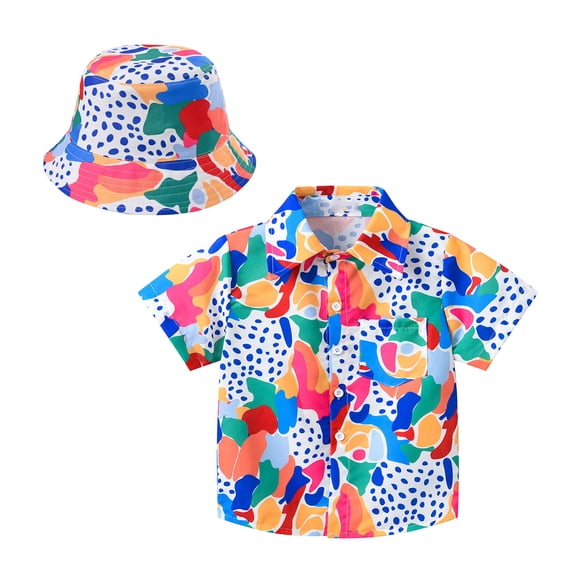 Gbsyewxs Shirts For Girls Crew Neck Short Sleeve Hawaiian Print Tops With Hat 2 Piece Fashion Summer Toddler Girls Tees Blue Size 18-24 Months