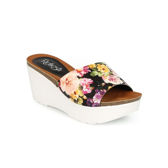 Refresh CG93 Women Floral Lug Sole Footbed Slipper Wedge Sandal