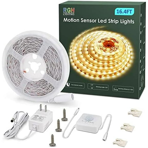 Motion Activated LED Strip Lights,16.4ft LED Light Strip with Day or Night 2 Lighting Modes,3 Timing Off Modes,Cozy Warm White 12v Plug-in LED Rope Lights for Under Cabinet,Kitchen,Stair$$Tools &