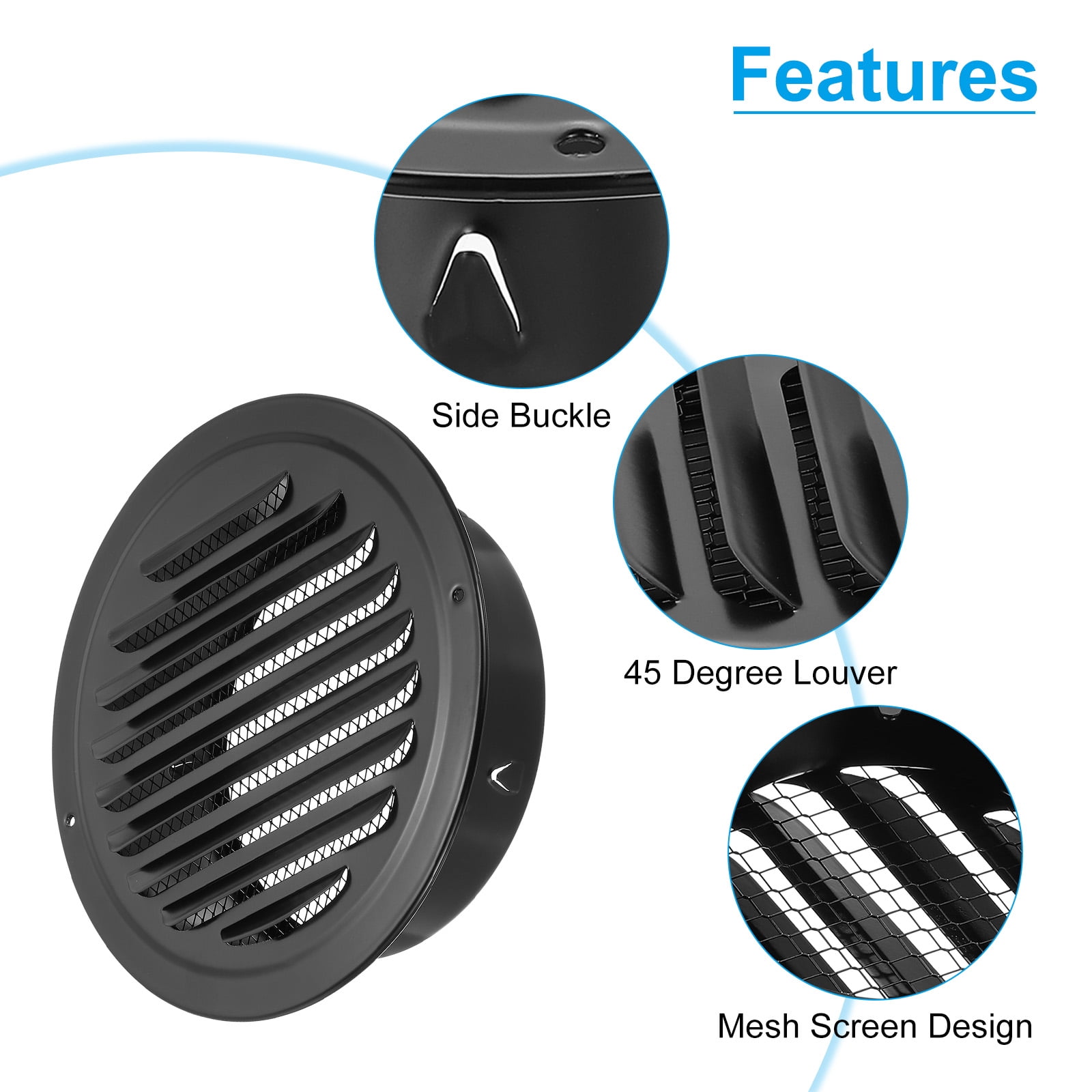 Uxcell Round Air Vent Cover Stainless Steel Louvered Wall Inlet Outlet Grill Screen Mesh Ducting Soffit Vent with Screws 1 Set Black 7"