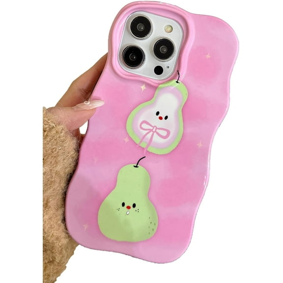 Cute Cartoon Pear Bow Wavy Frame Hard Phone Case Compatible with iPhone Case (Pink,iPhone 12 Pro Max)