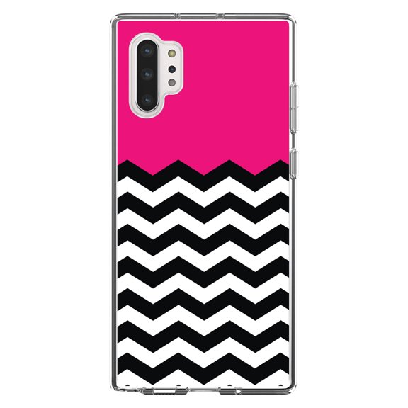DistinctInk Clear Shockproof Hybrid Case for Galaxy Note 10 PLUS (6.8" Screen) - TPU Bumper, Acrylic Back, Tempered Glass Screen Protector - Black White Hot Pink Chevron - Stripes Pattern