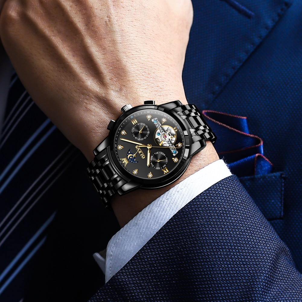 OLEVS Automatic Watches for Men Self Winding Mechanical Skeleton Flywheel Chronograph Luxury Dress Stainless Steel Diamond Moon Phase Waterproof Luminous Mens Wrist Watches Reloj Para Hombre