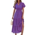 thumbnail image 1 of Vestido MASCOMODA con cuello en V, manga abullonada, estampado a cuadros azul y rosa, talla M, 1 of 7