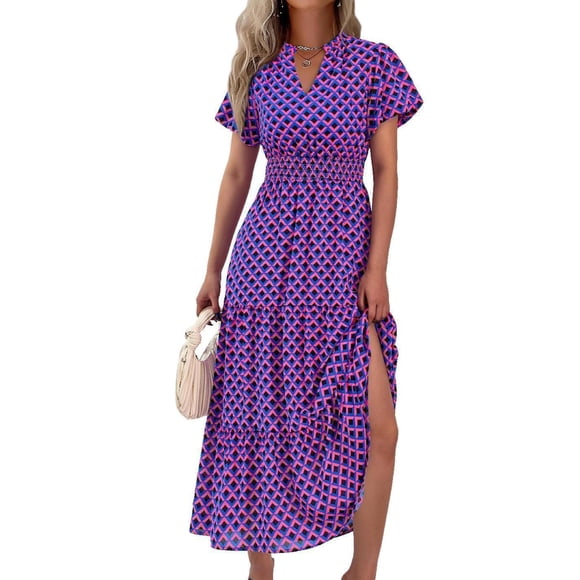 Vestido MASCOMODA con cuello en V, manga abullonada, estampado a cuadros azul y rosa, talla M