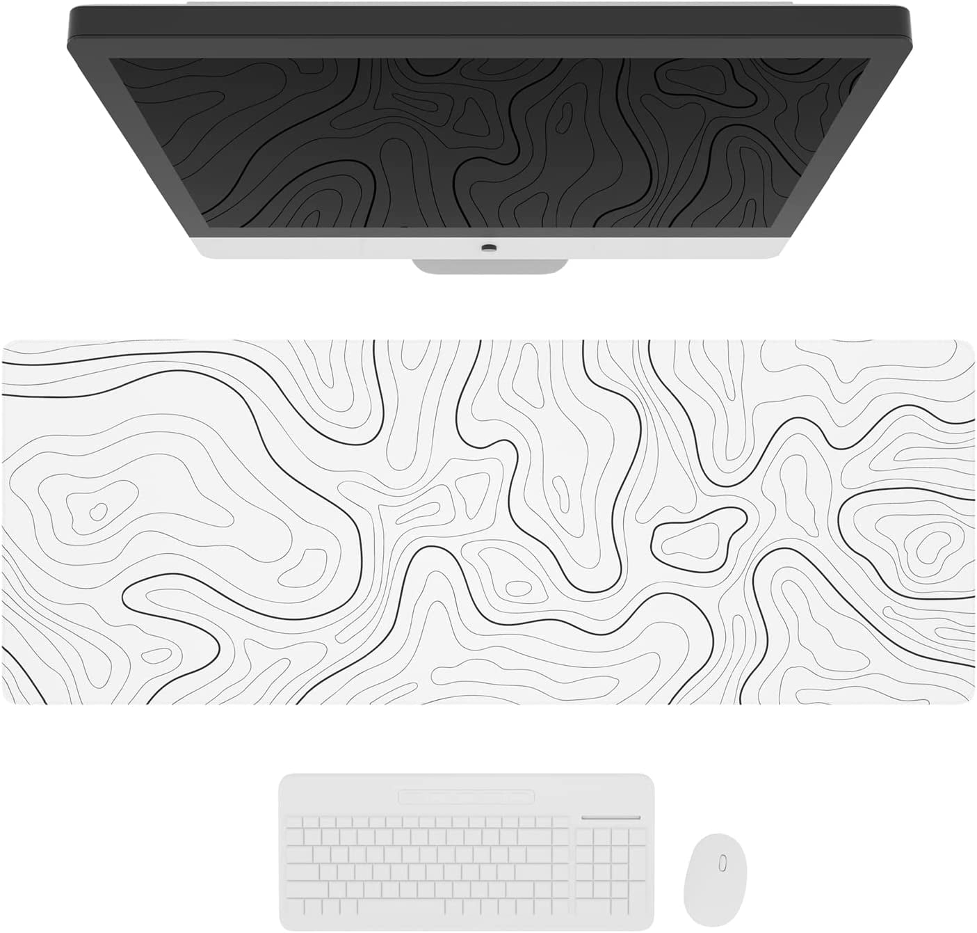 Large Gaming Mouse Pad with Stitched Edges, Minimalist Topographic Map Desk Mat, Extended XL Mousepad with Anti-Slip Base, Cool Desk Pad for Keyboard and Mouse, 31.5 x 11.8 in, White