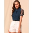 thumbnail image 3 of DARING DIVA V Neck Stand Collar Short Mesh Sleeve Blouse S Navy Blue, 3 of 6
