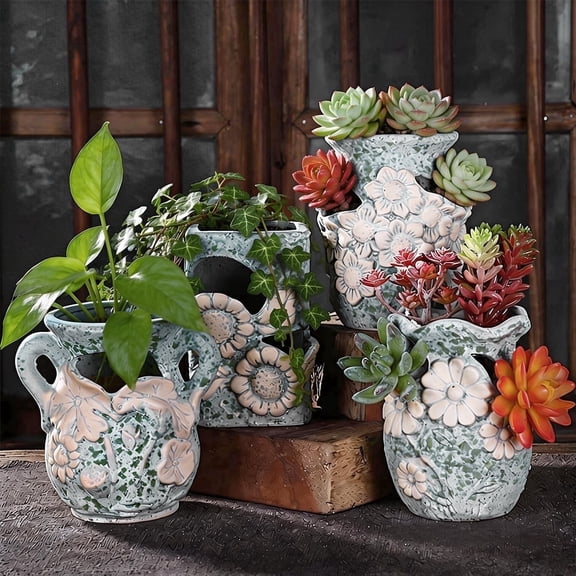 4-piece Tianxiang Cave Collection ceramic flower pot set, suitable for planting succulents, available in various shapes