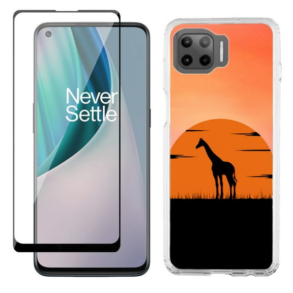 Slim-Fit Protective Phone Case compatible with Motorola Moto One 5G UW, with Tempered Glass Screen Protector, by OneToughShield ® - Sunset Giraffe