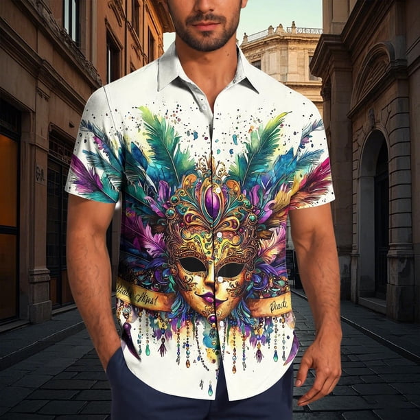 TaTaai ashion Men's Mardi Gras Turndown Collar Shirt, Printed Short-Sleeve Casual Button Top, Soft Fabric for Summer Casual Daily Outdoor Occasions Gift