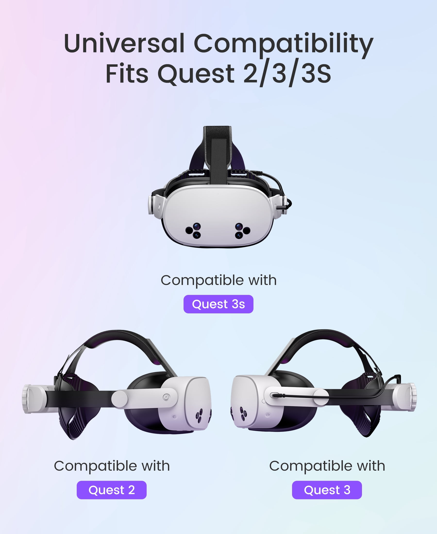 QQV Battery Head Strap for Oculus Meta Quest 3/3S/2, VR Headset Strap Accessories for Quest 3 with 10000mAh Built-in Rechargeable Battery Pack
