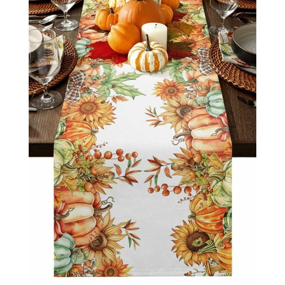 Table Runner 90 Inches Long, Fall Thanksgiving Pumpkin Leaves Sunflower Bow Cotton Linen Table Runners Non-Slip Durable Dresser Scarves for Table Party Dinner Holiday Home Decor, 1 Pack