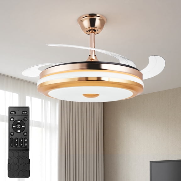 Smart Retractable Ceiling Fan with Light, 42 Inch Fandelier Remote Control, 3 Color Temperature Dimmable LED, 6 Speed Quiet Reversible DC Motor for Bedroom Living Room Kitchen