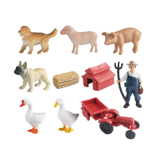 Figuras de animales de granja con tractor y remolque de juguete para montar en una casa de campo. 10 piezas estilo A.