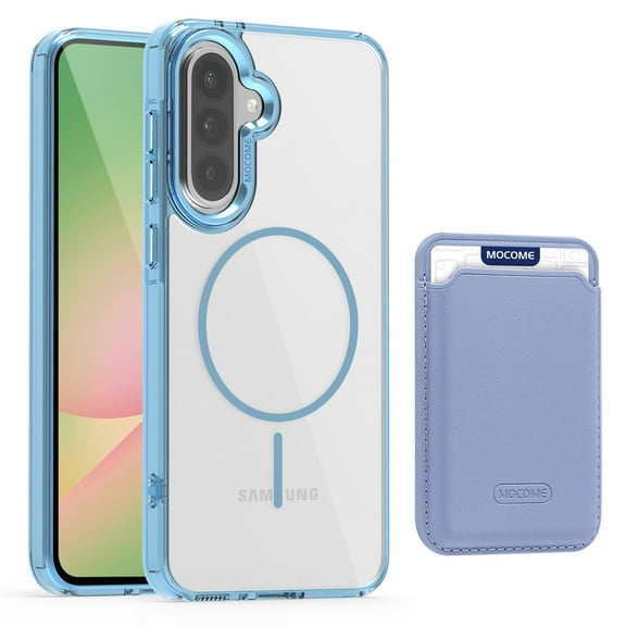 Allytechgroup Clear Magnetic Wallet Case for Samsung Galaxy A35, Compatible with Magsafe Shockproof Transparent Back Cover with Slim Fit with Detachable Leather Card Holder, Blue