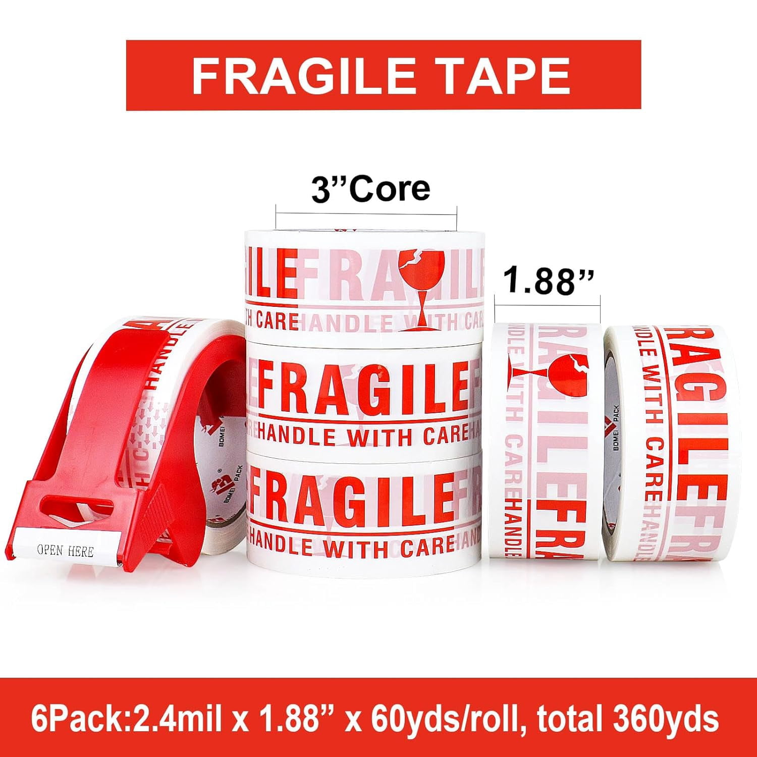6 rolls of breakable tape, 2 inches 180 feet (60 yards) - handle with care marking tape, breakable packing tape with dispenser, used for transporting and moving boxes heavy duty breakable tape.