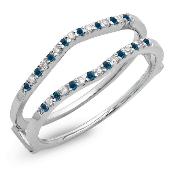 0.18 Carat (ctw) 10K White Gold Round Blue & White Diamond Ladies Anniversary Wedding Band Enhancer Guard Double Ring