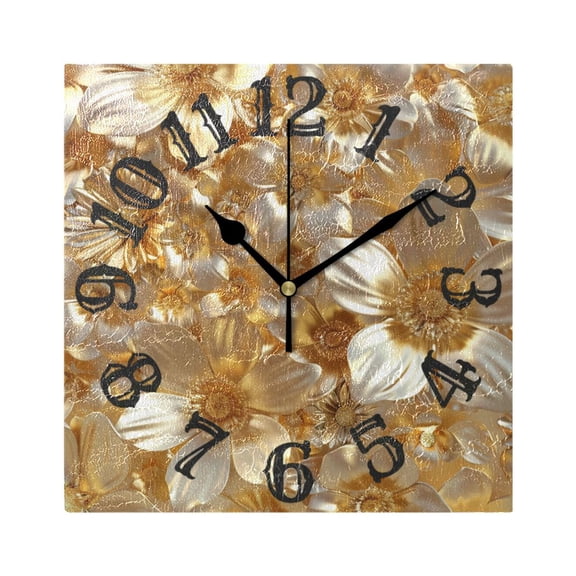 3d Gold Flowers Wall Clock Square Silent Non Ticking Battery Operated Clock for Home Bathroom Kitchen Bedroom Living Room