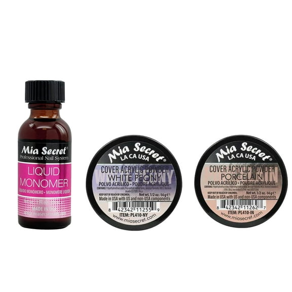 Mia Secret - Liquid Monomer 1oz & (Cover Acrylic Powder White Peony   Cover Acrylic Powder Porcelain) 0.5 oz - COMBO