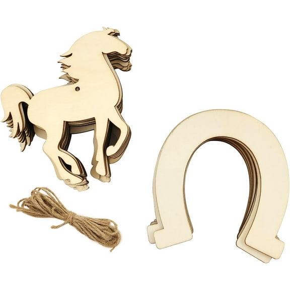 32 Pack Wood Horse & Horseshoe Cutouts Unfinished Wooden Horse & Horseshoe Hanging Ornaments DIY Cowboy Craft Gift Tags for Home Party Decoration Craft Project