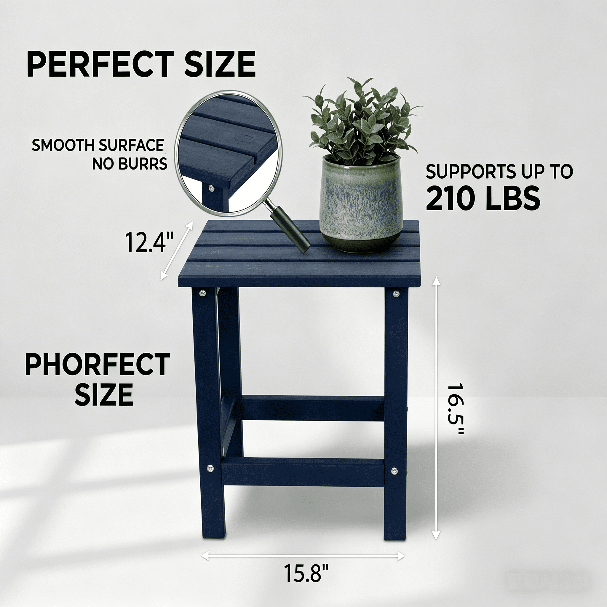 Adirondack Side Table 15x15x18 Inch Recycled HDPE Weather UV Resistant for Patio Garden Poolside